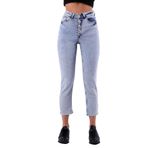 Düğme Detaylı ve Yüksek Belli Cepli Astarsız Mom Kadın Kot Pantolon Kar Açık Mavi Denim Dört Mevsim