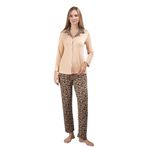 Düğme Kapanma Detaylı Leopar Desenli Uzun Kollu Pamuklu Kadın Pijama Takımı (L)