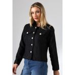 Düğmeli Çizgili Siyah Kadın Kısa Kaşe Ceket - Regular Fit - XL
