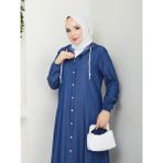 Düğmeli Kapşonlu Tam Boy Kadın Ince Kot Ferace - Koyu Kot Mavisi - 44