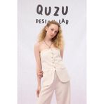Düğmeli Straplez Keten Bluz Naturel