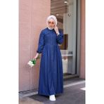 Düğmeli Uzun Kot Tesettür Elbise Koyu Mavi - 40