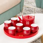 Düğün Çay Seti, Çin Seramik Kırmızı Geleneksel Çift Mutluluk Çay Setleri, 1Tea Pot Çay Bardakları Gelin Duş için 1 Tepsi Yeni Evliler Zarif Düğün Hediyesi Dekorasyon