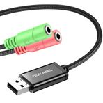 DuKabel Kulaklık USB Adaptör 1,2 m Bilgisayar, Laptop ve PS4 için, A Fiş 2 x 3,5 mm TRS Jak Soketi, Kulaklık, Hoparlör ve 3 Kutuplu TRS Mikrofon için USB Ses Kartı - Siyah