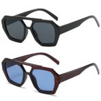 DUMOK Retro 70s Aviator Güneş Gözlüğü Bayan Erkek Altıgen Kare Trendy Tasarımcı İlham Vintage Çift Köprü Tonları DSR039, Siyah/Mavi, Medium
