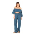 DUNIA%100 Pamuk Karpuz Kollu Crop ve Palazzo Pantolon TAKIM (Standart, İndigo Mavi, XS/S)