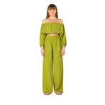 DUNIA%100 Pamuk Karpuz Kollu Crop ve Palazzo Pantolon TAKIM (Standart, Yeşil, M/L)