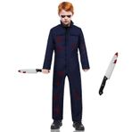 DUOLAM Cadılar Bayramı Michael Myers kostümü, çocuklar: 2'li paket karnaval cadılar bayramı katil film korku kostümlü oyun kostümü ve kan bulaşmış bıçak, çocuk tulumu, kostüm, faşing temalı parti, iş tulumu