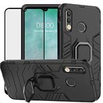DuoLide Huawei P30 Lite Kılıf, 2'si 1 Arada Hibrit Ağır Hizmet Tipi Zırh Darbeye Dayanıklı Koruyucu Destek Çubuğu Çift Katmanlı Tampon Sert Arka Kılıf Kapak Temperli Cam Ekran Koruyucu, Siyah