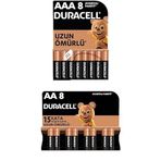 Duracell Alkalin AAA İnce Kalem Piller, 1,5 V LR03/MN2400, 8'li Paket + Duracell Alkalin AA Kalem Piller, 1,5 V LR6/MN1500, 8'li Paket