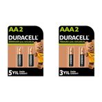 Duracell Şarj Edilebilir AA 2500 mAh Kalem Piller, 2'li + Duracell Şarj Edilebilir AAA 750 mAh İnce Kalem Piller, 2'li