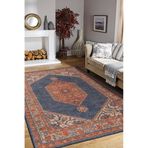 Durdle Kapı Lacivert Oryantal Modern Geometrik Etnik Desenli Boho Makinada Yıkanabilir Hav Toz Vermez Leke Tutmaz Kaymaz Taban Dijital Makine Baskı Halı Oturma Odası Salon Yolluk Koridor Mutfak Halısı