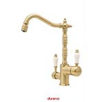 Durevo Su Arıtmalı Mutfak Eviye Bataryası - Rustik Vintage Model- 3 Yollu Mutfak Bataryası- Oynar Başlıklı Özellik - PORSELEN KULP TASARIMLI-MAT GOLD RENK