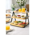 Durina Living 2 Katlı Bambu & Metal Raf – Tezgah Üstü Baharatlık Standı, Kahvaltı & Mutfak Organizeri, Ayaklı Sunum Rafı – 30X29 cm