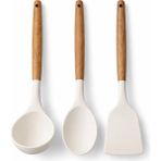 Durina Living 3’lü Ahşap Saplı Silikon Kaşık-Kepçe-Spatula Seti Yanmaz Yapışmaz Servis Seti - Ahşap - Bej