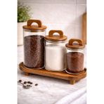 Durina Living 3’lü Akaya Standlı Vakum Kapaklı Cam Kavanoz Seti – 1000 ml + 750 ml + 500 ml – Kahve Şeker Çay Tuz ve Bakliyat Saklama Kabı