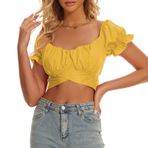 Durio Kadınlar için şık Crop Top tişört, sırt kısmı büzgülü yazlık üst parça, puf kollu, Cropshirt seksi kadın tişörtü, sarı (zencefil), L
