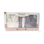 Durul Kadife Jakarlı Aile Bornoz Seti / Gri - Krem