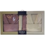 Durul Kadife Jakarlı Aile Bornoz Seti / Gül Kurusu - Krem
