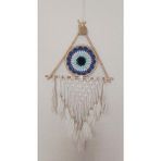Düş Kapanı Üçgen Göz Makrome Dreamcatcher Bambu Nazarlı Beyaz Kuş Tüyü Rüya Kapanı Duvar Süsü Elişi