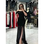Düşük Omuzlu Degaje Yakalı Payet Kumaş Yırtmaçlı Düğün Davet Mezuniyet Abiye Elbise - XL - Siyah