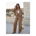 DUUE FASHİON Açık Kahverengi Renk Rahat Kesim Crop Gömlek & Beli Lastikli Bol Paça Pantolon İkili Takım – Şık Günlük Kombin