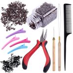 Duufin Saç uzatma seti, 500 adet, kahverengi mikro halka boncuk, 1 mikro boncuk, pense, 2 kanca iğne, çekme halkası, 4 plastik timsah saç tokası, 1 tarak ve 2 torba siyah mini kauçuk saç elastik