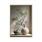 Duvar Tablosu 50x70 cm Ahşap Çerçeveli Wabi Sabi Doğa Temalı Dekoratif Tablo, Doğal Taş ve Bonsai Dalı Desenli Modern Zen Poster, Bej Toprak Tonları Salon Yatak Odası Ofis Duvar Dekoru