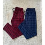 Düven %100 Pamuk Kareli -Ekose Desenli Cepli Bel Lastikli 2'li Erkek Pijama Altı -Büyük Beden Seçenekleri - Indigo - Bordo - 2XL