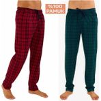Düven Erkek Pamuklu Ekose Bordo & Yeşil 2'li Tek Alt Pijama - Mevsimlik Bay Unisex Pijama Altı - Bordo - Yeşil - 2XL