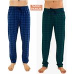 Düven Erkek Pamuklu Ekose Yeşil & Indigo 2'li Tek Alt Pijama - Mevsimlik Bay Unisex Pijama Altı - Yeşil - Indigo - 3XL