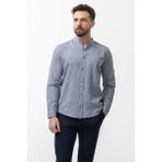 Düz Açık Lacivert Slim Fit Hakim Yaka Basic Keten Erkek Gömlek - XL
