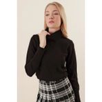 Düz Balıkcı Yaka Bayan Kazak - Siyah - XL