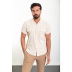 Düz Bej Slim Fit Apaç Yaka Kısa Kollu Keten Erkek Gömlek - XL