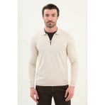 Düz Bej Slim Fit Fermuarlı Polo Yaka Erkek Triko Kazak - XL
