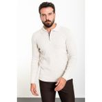 Düz Bej Slim Fit Fermuarlı Polo Yaka Erkek Triko Kazak