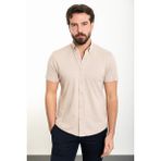 Düz Bej Slim Fit Kısa Kollu Erkek Gömlek - XL