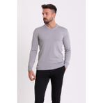 Düz Gri Renk Slim Fit V Yaka Erkek Kazak - Açık Gri - XL