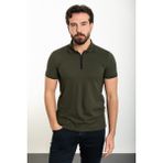 Düz Haki Slim Fit Fermuarlı Polo Yaka Erkek T-Shirt - 2XL