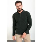 Düz Haki Slim Fit Fermuarlı Polo Yaka Erkek Triko Kazak