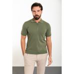 Düz Haki Slim Fit Fermuarlı Polo Yaka Erkek Triko T-Shirt - XL