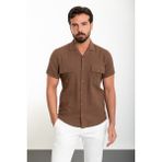 Düz Kahverengi Slim Fit Apaç Yaka Kısa Kollu Keten Erkek Gömlek - 2XL