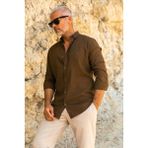 Düz Kahverengi Slim Fit Basic Keten Erkek Gömlek - XL