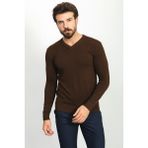 Düz Kahverengi Slim Fit Erkek V Yaka Kazak