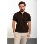 Düz Kahverengi Slim Fit Fermuarlı Polo Yaka Erkek Triko T-Shirt - 2XL
