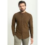 Düz Kahverengi Slim Fit Hakim Yaka Basic Keten Erkek Gömlek