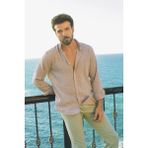 Düz Kamel Rengi Slim Fit Basic Keten Erkek Gömlek - 2XL
