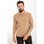 Düz Kamel Rengi Slim Fit Fermuarlı Polo Yaka Erkek Triko Kazak