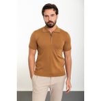 Düz Kamel Slim Fit Fermuarlı Polo Yaka Erkek Triko T-Shirt - 2XL