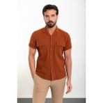 Düz Kiremit Slim Fit Apaç Yaka Kısa Kollu Keten Erkek Gömlek